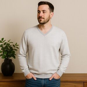 Claiborne Men's Striped Gray V-Neck Sweater